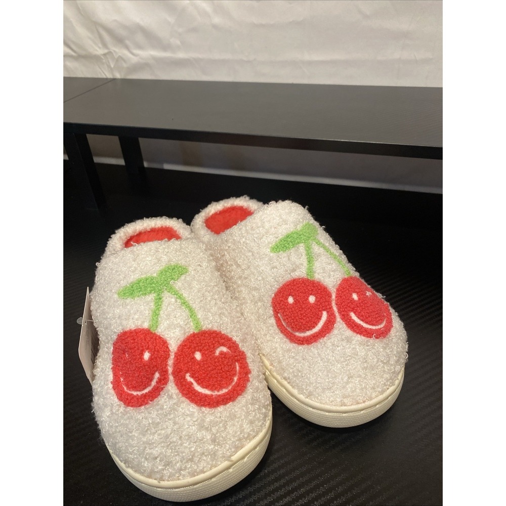 Women's White/Red Faux Fur Slip-On Slippers Cherry Smiley Novelty Size 7-8